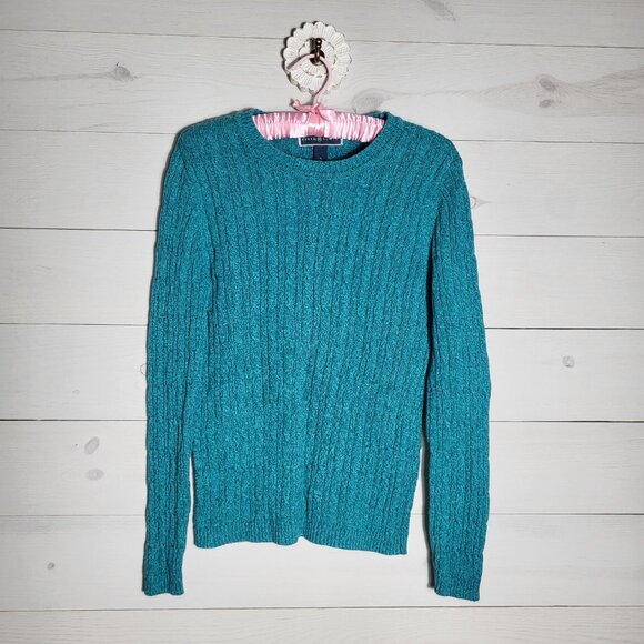 Karen Scott Cable Knit Cozy Cotton Sweater Teal Blue Coastal Christmas Preppy - Picture 3 of 5